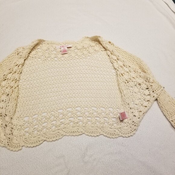 Vintage Beige Crochet Cropped Cardigan Scalloped Hem Flared/Bell Sleeves Bolero - Picture 5 of 13